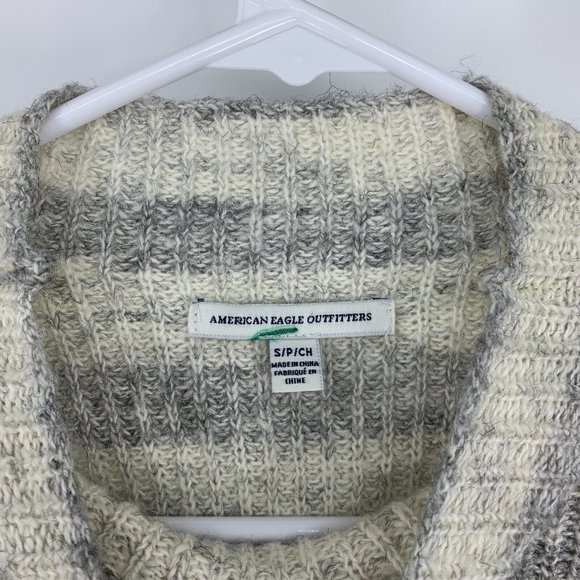 American Eagle Sweater Gray Beige Stripe Long Sleeve Knit Mock Neck - Picture 2 of 8